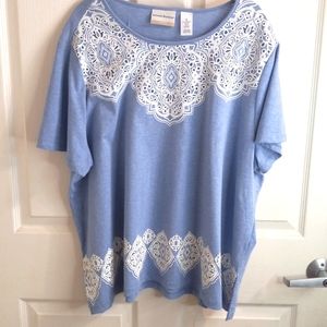 Alfred Dunner 2X Med. Blue White Tunic/Top Beautiful Applique Short Slee…
